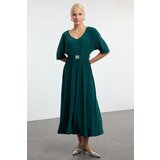 Trendyol Emerald Green Skater Belted Three Quarter Sleeve Maxi Stretch Knit Dress