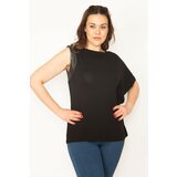 Şans Women's Plus Size Black Single Sleeve Faux Leather Detailed Low Sleeve Blouse Cene