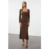 Trendyol Brown Maxi Flounce Square Neck Body-Smoothing Flexible Knit Dress