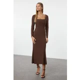 Trendyol Brown Maxi Flounce Square Neck Body-Smoothing Flexible Knit Dress