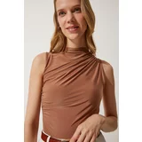 Happiness İstanbul Women's Milk Brown Gathered Sleeveless Sandy Knitted Blouse