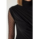  Women's Black Lace Sleeve Gathered Knitted Blouse | Shoptok.si
