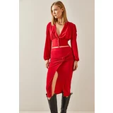 XHAN Red Bow Detailed Slit Midi Skirt