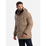 Ombre Men's long puffer jacket with snap pockets - brown