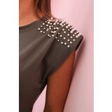Kesi Włoski Women's sleeveless viscose blouse with decorative pearls on the shoulders khaki | Shoptok.si