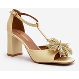 Laura Messi Leather Sandals with Heel and Decoration 2758 Beige Cene