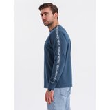 Ombre Men's cotton U-neck longsleeve with piping and chest print - dark blue | ePonuda.com