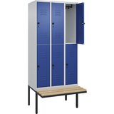 C+P Dvonadstropna garderobna omara s klopjo Classic PLUS, 3 deli, svetlo sive / encijan modre barve, Š 900 mm, varnostni vrtljivi zapah, lebdeča klop, | Shoptok.si