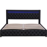 Lumor Oblazinjena postelja s predalom iz umetnega usnja z LED - 140x200 cm - z letvičastim okvirjem - črna, (22151076) | Shoptok.si