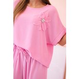 Kesi Włoski Women's viscose set with decorative flower and wide trousers light pink | Shoptok.si