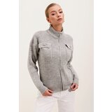 Bigdart 15862 Pocket Detailed Zippered Knitwear Cardigan - Gray Cene