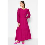 Trendyol Fuchsia Belted Viscose-Mixed Woven Dress with a Ruffled Trim around the shoulders. Cene