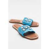 LuviShoes NORVE Bebe Blue Women's Slippers with Straw Stones. cene