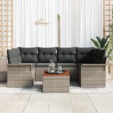 vidaXL 7-delna vrtna kavčna garnitura z blazinami, siva, poli ratan, akacija | Shoptok.si