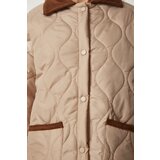  Women's Cream Polo Collar Quilted Coat with Pocket | shoptok.hr