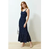 Trendyol Navy Blue Patterned Strap Body Fitting Ribbed Flexible Knitted Maxi Dress