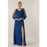 By Saygı V-Neck Front Draped Lined Sleeves Tulle Guipure Detailed Wide Size Chiffon Long Dress | Shoptok.si