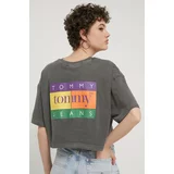 Tommy Jeans Bombažna kratka majica ženska, siva barva, DW0DW18141