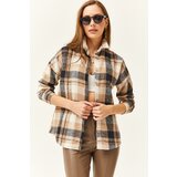 Olalook Women's Beige Navy Blue Plaid Lumberjack Shirt Cene