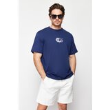 Trendyol navy men's relaxed/comfortable fit printed 100% cotton t-shirt Cene