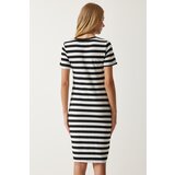  Women's Black and White Crew Neck Striped Knitted Dress | ePonuda.com