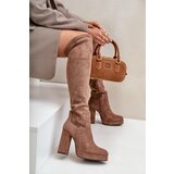 Boto FS1 Knee High Platform Heeled Boots Eco Suede Dark Beige Zistaria | Eponuda.ba