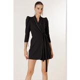 By Saygı Padded Shoulders Half Lined One Side Pleated Sleeves Chain Detailed Dress | shoptok.hr