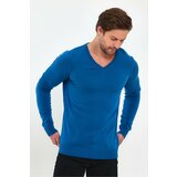 Lafaba Men's Blue V-Neck Basic Knitwear Sweater Cene