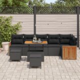 vidaXL 9-delna vrtna sedežna garnitura s blazinami Črna Poly Rattan Akacija | Shoptok.si