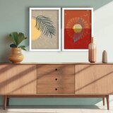 Wallxpert set od 2 uramljene MDF slike 2P3752SOFTCT-015, boho sunce i palmin list u bež i crvenim tonovima, 38 x 53 cm | Eponuda.com
