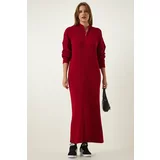 Happiness İstanbul Women's Red Zipper Collar Ribbed Long Knitwear Dress