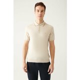 Avva Men's Beige Polo Neck Stripe Detailed Shoulder Ribbed Standard Fit Regular Cut Knitwear T-shirt cene