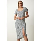 Women's Navy Blue Bone Gathered Saran Summer Knitted Dress | Shoptok.si