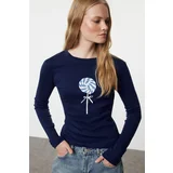 Trendyol Navy Blue Print and Bow Detailed Fitted Knitted Blouse