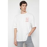 Trendyol Men's Ecru Oversize Crew Neck Lobster Embroidery 100% Cotton T-shirt Cene