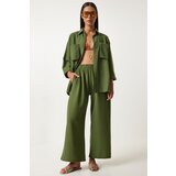 Happiness İstanbul Women's Khaki Wide Pocket Linen Blend Shirt and Trousers Set