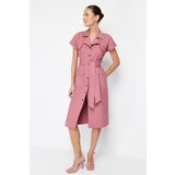 Trendyol Pale Pink Belted Pocket Gabardine Shirt Midi Woven Dress Cene
