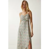 Happiness İstanbul Women's Cream Green Strappy Patterned Viscose Dress