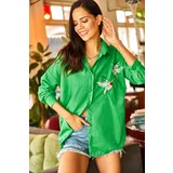 Olalook Women's Grass Green Bird Sequin Detail Woven Boyfriend Shirt