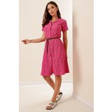 By Saygı Mini Floral Short Sleeve Seekers Dress with a Belt and Buttons in the Front Fuchsia Cene