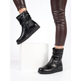 Sergio Leone Women's black leather ankle boots on a low wedge with a crinkled upper by Cene