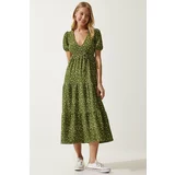 Happiness İstanbul Women's Khaki Wrapover Neck Patterned Summer Knitted Dress