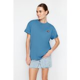 Trendyol indigo 100% cotton embroidered oversize/wide fit crew neck knitted t-shirt Cene