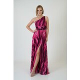 Carmen Fuchsia Single Sleeve Slit Printed Evening Dress cene