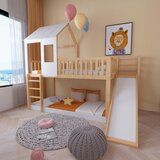 Möbrio Dvoposteljna postelja iz masivnega lesa 90x200 cm - z lestvijo in drsnikom - z letvami - naravna, (22060461) | Shoptok.si