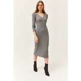 Olalook Women's Smoky V Neck Zippered Thick Ribbed Midi Dress | Shoptok.si