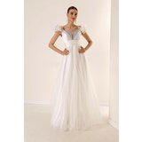 By Saygı Front Back, V-Neck Rope, Straps, Low Sleeves, Stone Detailed, Lined, Long Tulle Dress Cream. Cene
