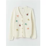 LC Waikiki Girls' V-Neck Knitwear Cardigan with Embroidery Long Sleeves