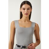 Happiness İstanbul Women's Gray Square Neck Knitwear Crop Blouse Cene