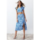 Trendyol Blue Patterned Slit Ribbed Flexible Knitted Two Piece Set Cene